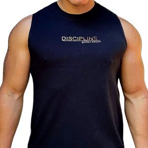 Men's Sleeveless Tan Tops Gold Print Athletic Muscle Beach Tank Top
